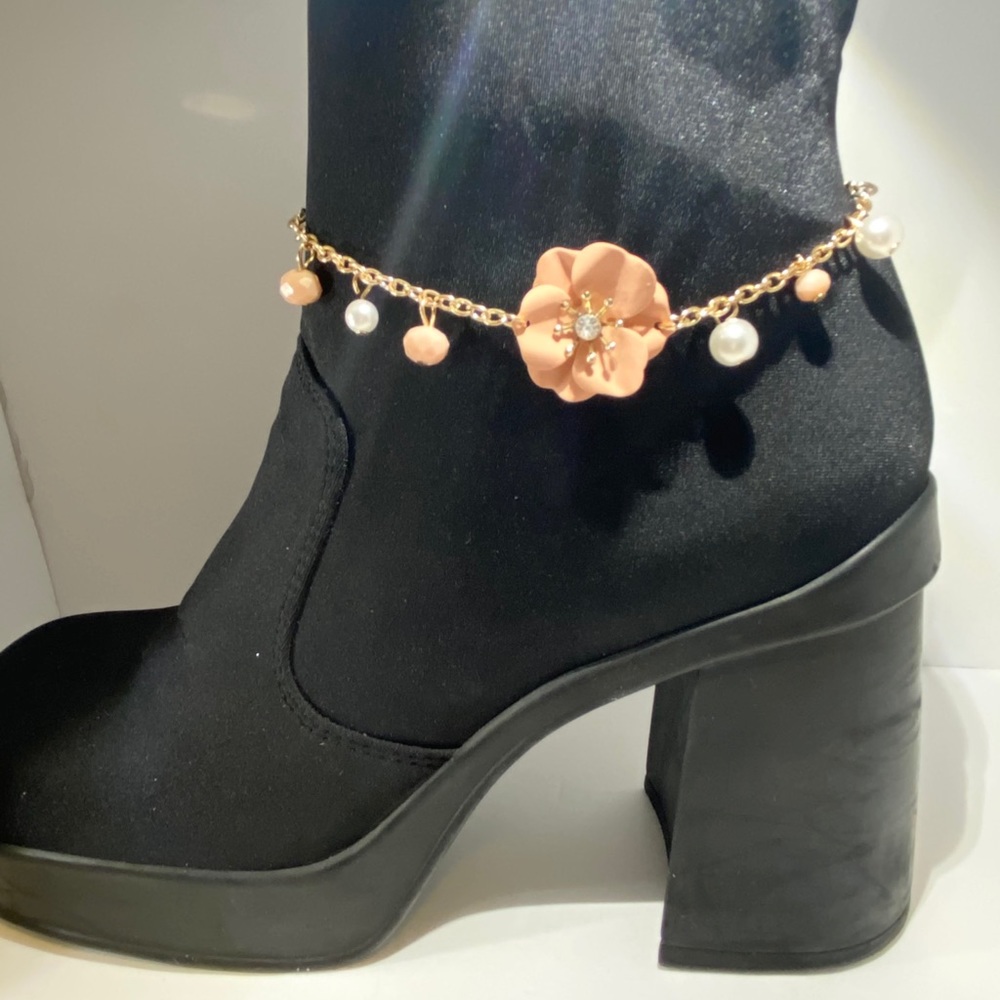 NEW goldtone floral boot bracelet pearl rhinestone